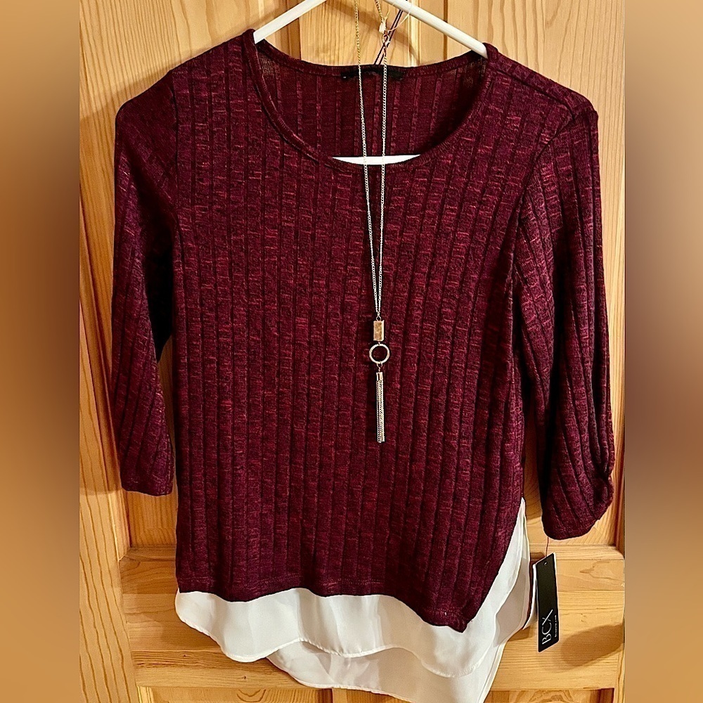 BCX NWT Junior XS Bordeaux Ribbed Sweater Tassel Necklace White Chiffon Layered